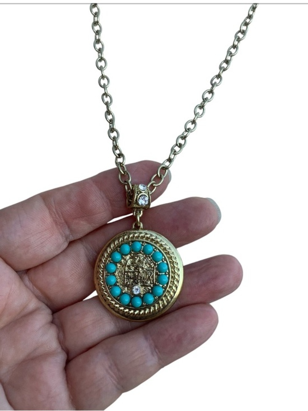 Heidi Daus Swarovski crystal faux Turquoise Medallion Necklace